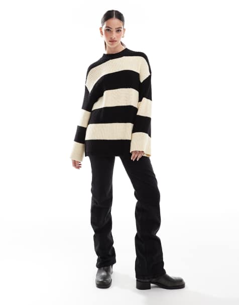 4th & Reckless - Maglione girocollo oversize in cotone nero e cammello a righe - view 1