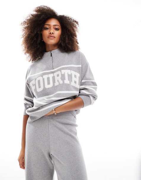 4th & Reckless - Maglione lavorato accollato grigio a righe con zip corta e logo in coordinato - view 1