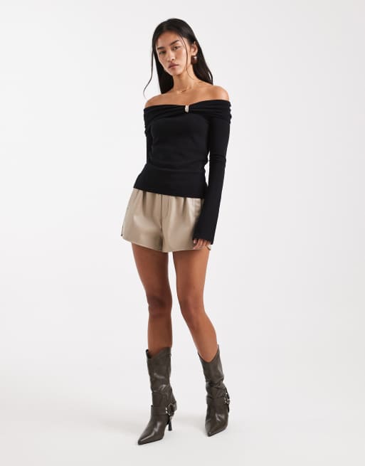 4th + Reckless - Maglione lavorato nero con scollo alla Bardot e dettaglio in metallo dorato, 3 di 4