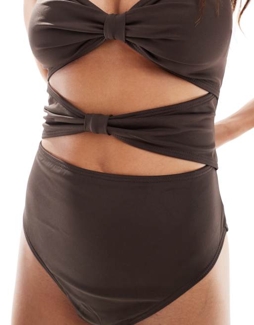 4th & Reckless - Maillot 1 pièce bandeau noué devant à découpe - Marron, 3 de 4