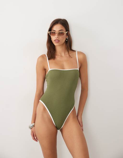4th & Reckless - Maillot 1 pièce effet froissé à encolure carrée et bords contrastants - Olive, 3 de 5