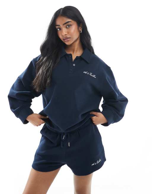 4th & Reckless - Marineblå sweatshirt i bomuld med loopback-bagside og kravedetalje og broderet logo - Del af sæt
