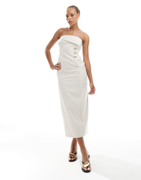 4th & Reckless - Maxi bandeau-jurk van linnenmix met omslagdetail en gouden knopen in beige - view 1
