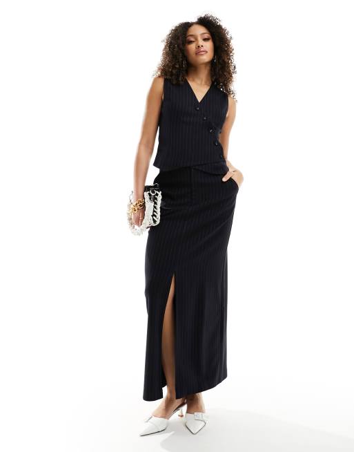 4th & Reckless - Maxi rok met split aan de voorkant in donkerblauw met krijtstreep, deel van co-ord set