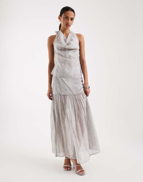 4th & Reckless - Maxi rok van chiffon met verlaagde taille en plooien in blauwe print, deel van co-ord set - view 1