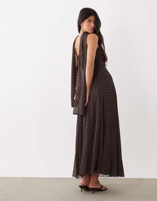 4th & Reckless – Maxi-Trägerkleid aus Chiffon in Schokobraun und Blau mit Schaldetail und Polka Dots, 3 von 4