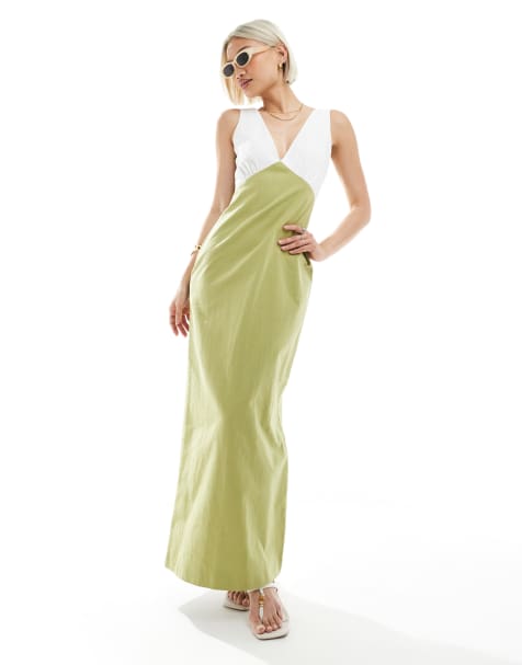 4th & Reckless – Maxikleid aus Leinenimitat in kontrastierendem Cremeweiß und Olivgrün mit tiefem Ausschnitt - view 1