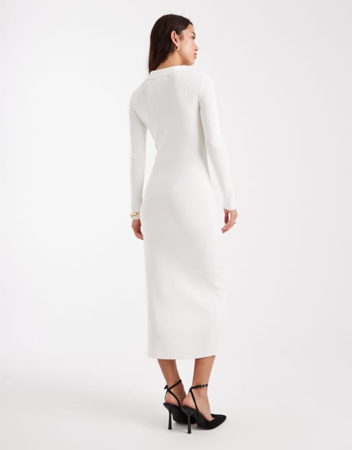 4th & Reckless – Maxikleid in Cremeweiß aus Rippstrick mit goldfarbenen Knöpfen und Kragen, 2 von 4