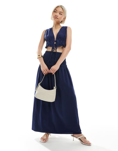4th & Reckless - Maxirok met linnenlook en geribbelde taille in marineblauw, deel van co-ord set - view 1