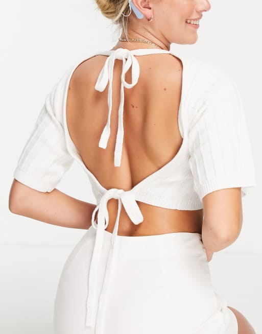 4th & Reckless - Mercy - Crop top d'ensemble de plage avec dos nu en maille côtelée - Blanc