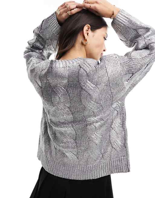 4th Reckless metallic cable knit jumper in silver