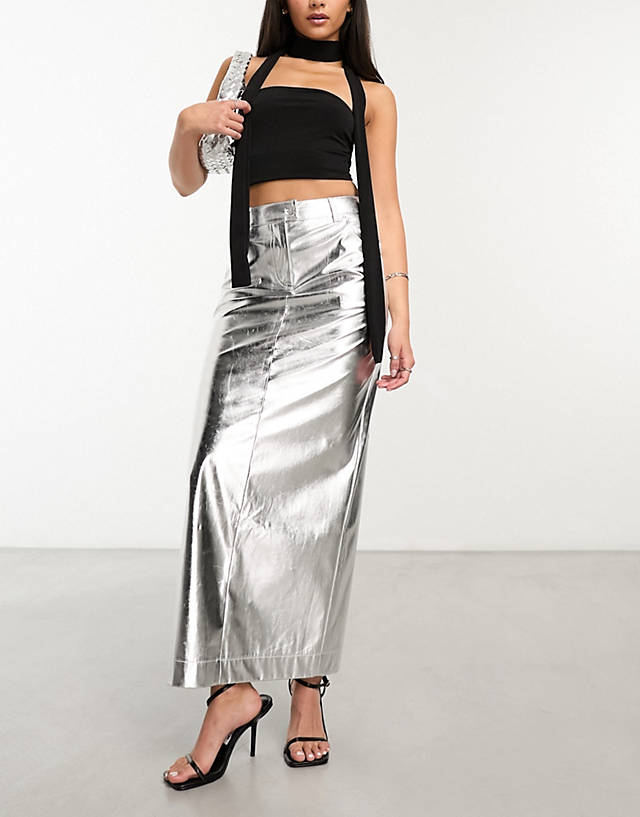 4th & Reckless - metallic maxi skirt in silver