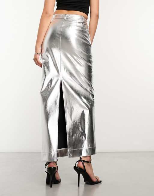 4th Reckless metallic maxi skirt in silver