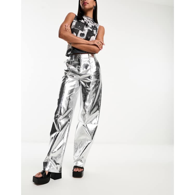 4th & Reckless metallic straight leg pants in silver