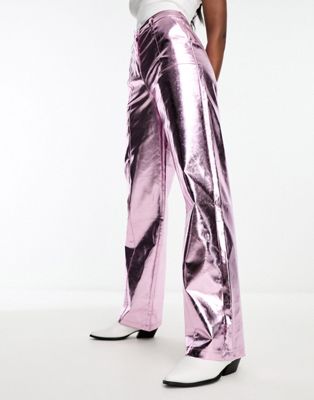 4th & Reckless metallic straight leg trousers in pink - ASOS Price Checker