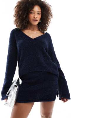 metallic tinsel knit slit mini skirt in navy - part of a set