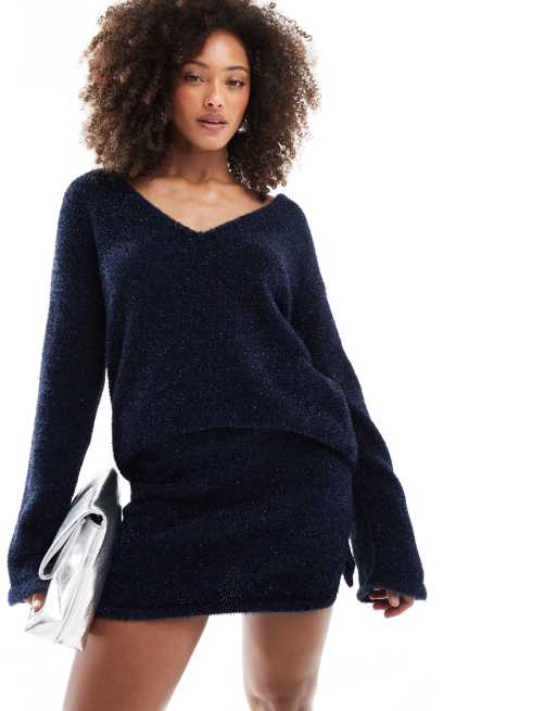 4th & Reckless metallic tinsel knit split mini skirt in navy (part of a set)