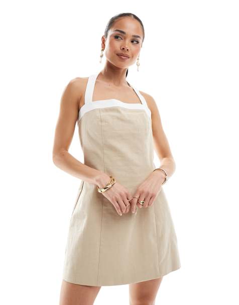 4th & Reckless - Mini jurk met halternek, linnenlook en contrasterende rand in beige - view 1