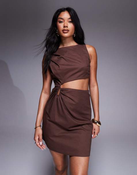 4th & Reckless - Mini jurk van linnenmix met uitsnijding en metalen hardware in chocoladebruin - view 1