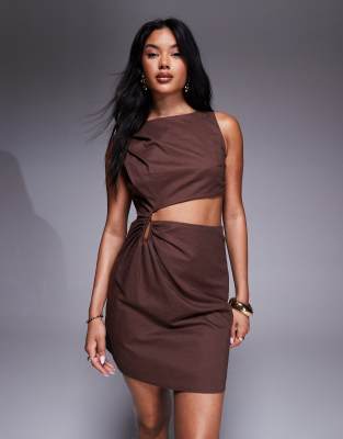 4th & Reckless - Minikleid in Schokobraun mit Leinenanteil, Cut-Out und Metalldetail