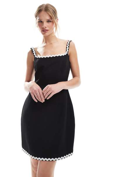 4th & Reckless – Minikleid in schwarz-weißer Leinenoptik mit eckigem Ausschnitt und farblich abgesetzter Zackenlitze - view 1