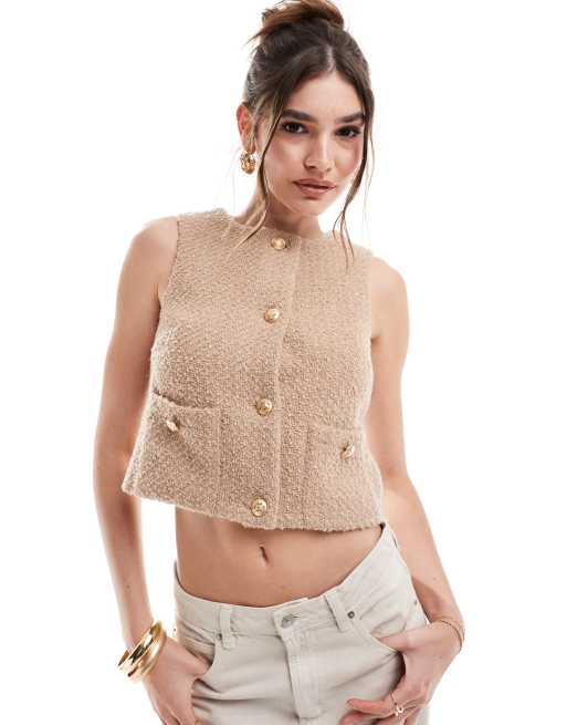 4th & Reckless - Mouwloos hemdje van bouclé met gouden knopen in camel