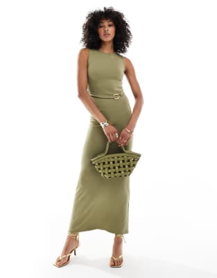 4th & Reckless - Mouwloze maxi jurk met riem met goudkleurige metalen versiering in kaki - view 1