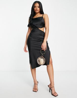 4th & reckless naughties satin midi dress with cut out in black  - ASOS Price Checker