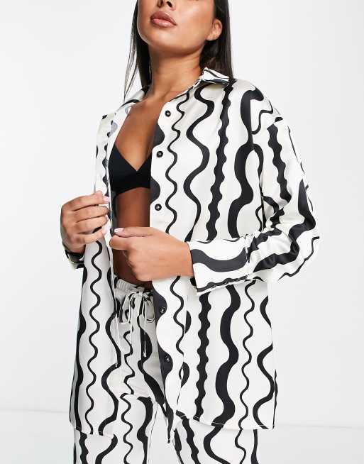 4th & Reckless Neviah long sleeve satin shirt in wave print (part of a set)