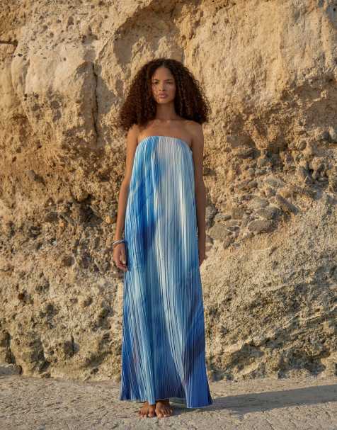 4th & Reckless – Niebieska plisowana sukienka maxi z dekoltem bandeau i efektem ombre - view 1