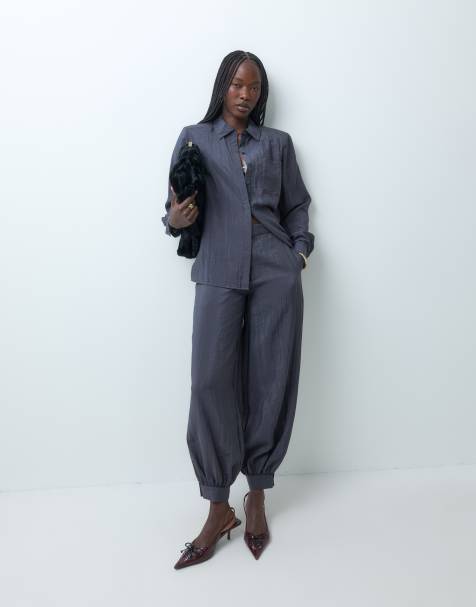 4th & Reckless nylon cinch waist detail fitted shirt and pants set in charcoal - view 1
