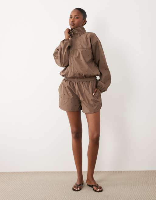 4th & Reckless nylon funnel neck jacket  co-ord in chocolate polka, 2 of 4