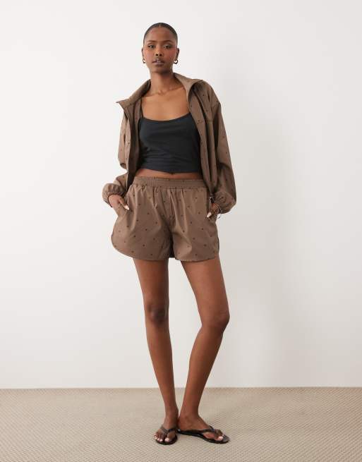 4th & Reckless nylon track shorts in chocolate polka (part of a set), 2 of 5