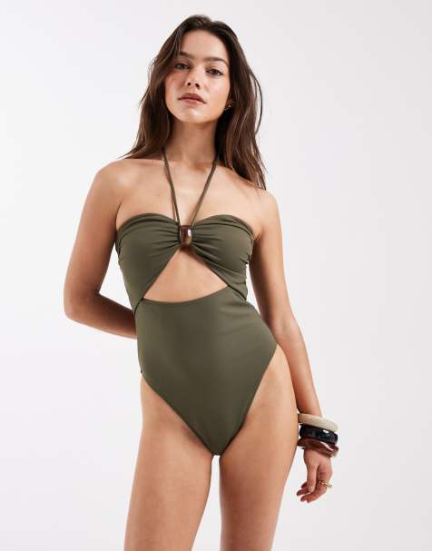 4th & Reckless – Oliwkowy wysoko wycięty strój kąpielowy z dekoltem bandeau typu halter, wycięciem i kamieniem - view 1