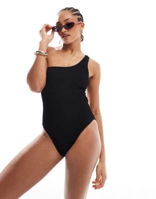 one shoulder back cut out crinkle swimsuit in black