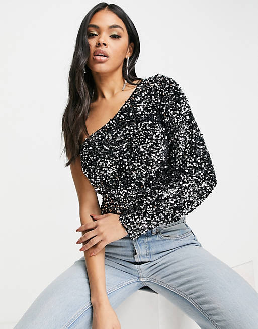  Shirts & Blouses/4th & Reckless one shoulder blouson sleeve top in black and silver sequin 