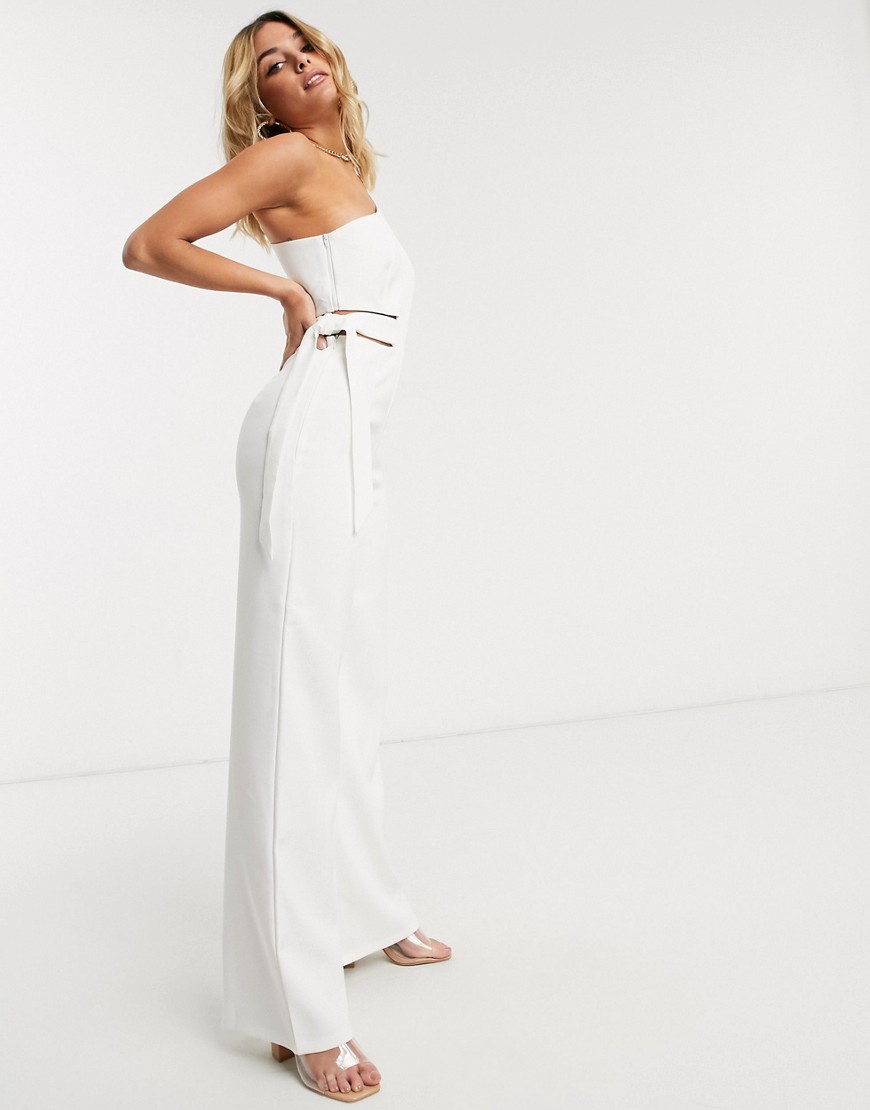 4th + Reckless one shoulder jumpsuit with tie side detail in white