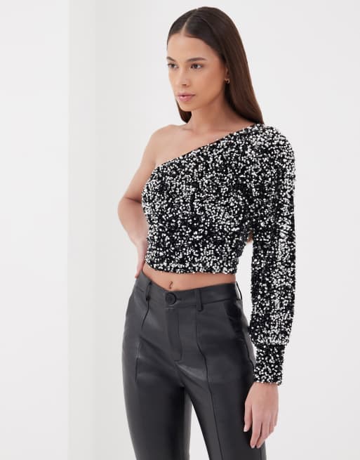4th & Reckless one sleeve sequin top in black