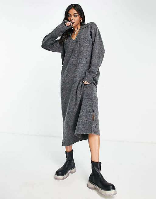 Women 4th & Reckless open collar knitted midi jumper dress in grey 