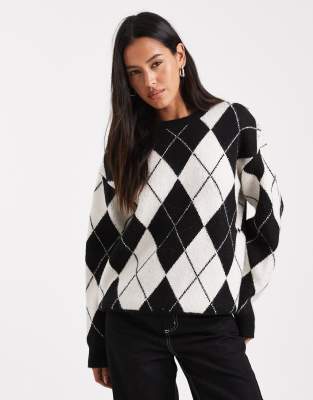 4th & Reckless - Oversize-Pullover mit Wollanteil in Schwarz-Weiß mit Argyle-Muster und Rundhalsausschnitt-Bunt