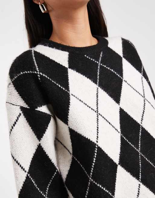 4th & Reckless – Oversize-Pullover mit Wollanteil in Schwarz-Weiß mit Rautenmuster und Rundhalsausschnitt, 3 von 4