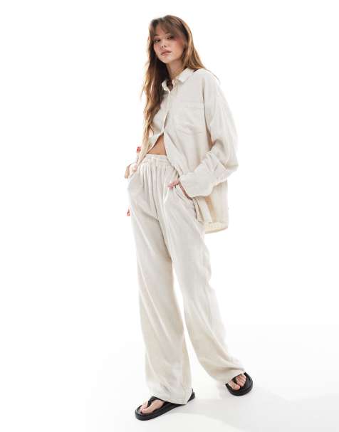 4th & Reckless oversized button through shirt & tie waist wide leg pants set in beige - view 1