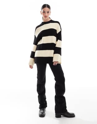 4th & Reckless 4th & Reckless oversized crew neck cotton jumper in camel and black stripe-Multi