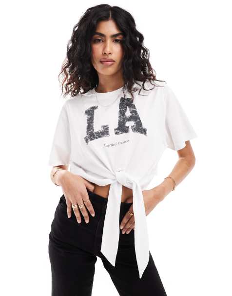 4th & Reckless - Oversized cropped T-shirt met gestrikte voorkant en 'LA'-print in wit - view 1