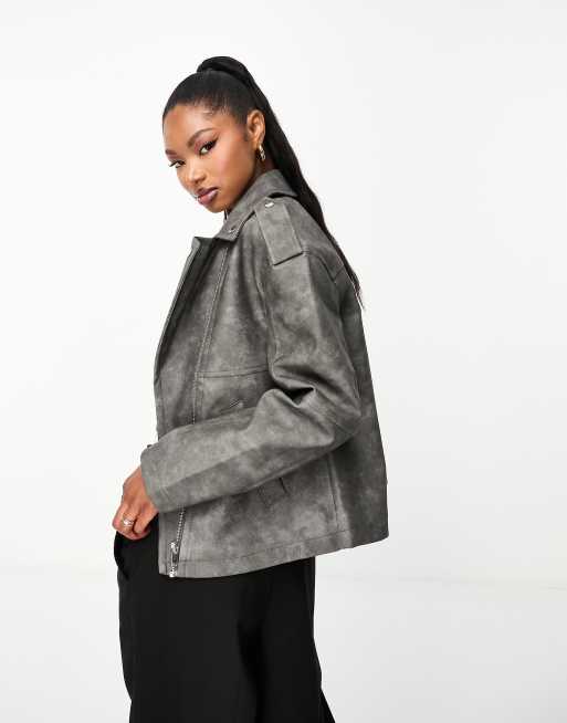 DISTRESSED FAUX LEATHER BIKER JACKET - Gray