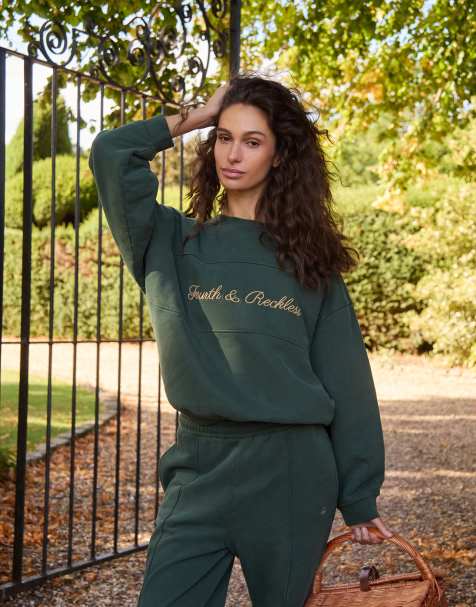 4th & Reckless oversized embroidered logo sweatshirt co-ord in forest green - view 1
