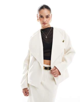 oversized lapel jacket with gold button detail in cream - part of a set-White