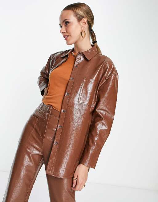 4th & Reckless oversized leather look embossed shirt co-ord in chocolate