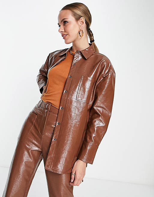 4th & Reckless oversized leather look embossed shirt in chocolate (part of a set)
