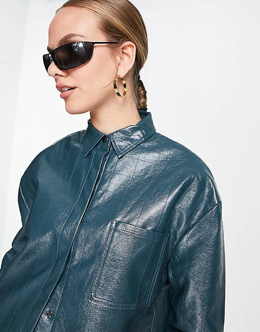 4th & Reckless oversized leather look embossed shirt in teal (part of a set)